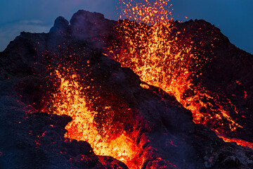 Closeup of Fagradalsfjall volcanic eruption at night, Iceland