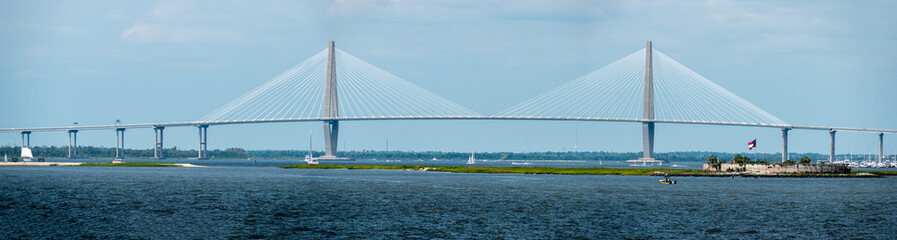 A panorama of the Arthur Ravenel Jr. Bridge that crosses the Cooper River from Charleston to Mount Pleasant, South Carolina