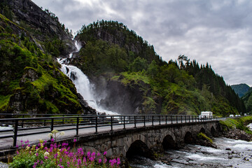 Latefossen - one of the biggest waterfalls in Norway, with near stone bridge