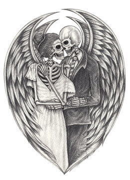 Angel couples skull.Hand drawing on paper