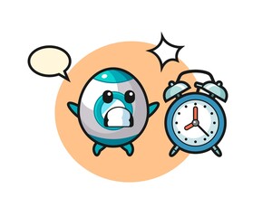 Cartoon Illustration of rocket is surprised with a giant alarm clock