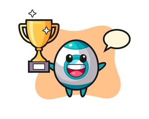 Cartoon Illustration of rocket is happy holding up the golden trophy