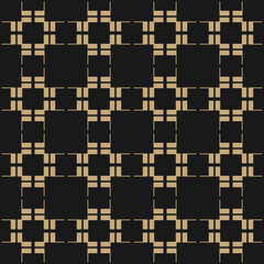 Abstract geometric seamless pattern with square grid, lattice, mesh, net, grill. Simple black and gold vector texture with linear geometrical shapes. Stylish modern golden background. Repeat design