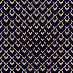 Golden vector geometric seamless pattern. Abstract texture with diamond grid, arrows, square shapes. Stylish modern gold and black geometrical background. Simple luxury repeat design for decor, print