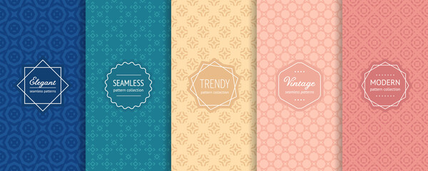 Vector seamless patterns set. Collection of colorful background swatches with elegant minimal labels. Cute abstract geometric floral textures. Subtle modern design. Blue, turquoise, yellow, pink color