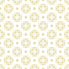 Vector geometric floral ornament. Elegant ornamental seamless pattern with small flower silhouettes, grid, lattice. Vintage background texture. White and gold color. Repeat design for decor, textile