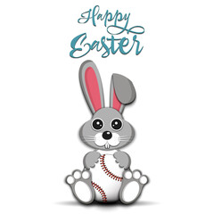 Happy Easter. Easter Rabbit with baseball ball on an isolated background. Pattern for greeting card, banner, poster, invitation. Vector illustration