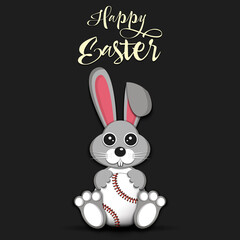 Happy Easter. Easter Rabbit with baseball ball on an isolated background. Pattern for greeting card, banner, poster, invitation. Vector illustration