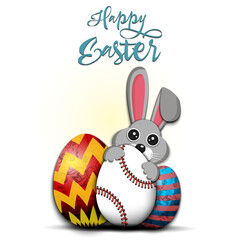 Happy Easter. Rabbit with easter eggs decorated in the form of a baseball ball on an isolated background. Pattern for greeting card, banner, poster, invitation. Vector illustration