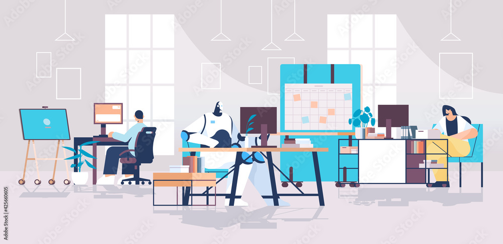 Aufkleber businesspeople and robot working on computers at workplaces artificial intelligence technology teamw