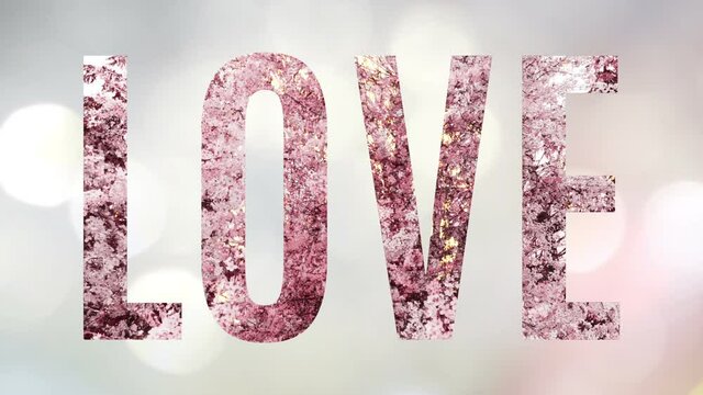 The word Love displayed large with a flowery animation and glittering lights sliding in background. Festive celebration card, animated greeting card.