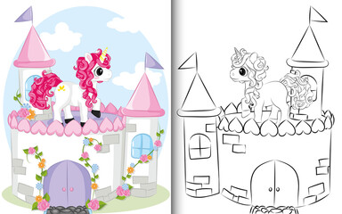 Coloring book Unicorn on the castle.