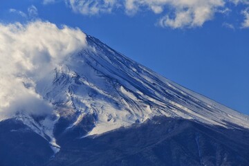 Snow covered mountains, The summit of Mount Fuji is covered with snow and clouds.