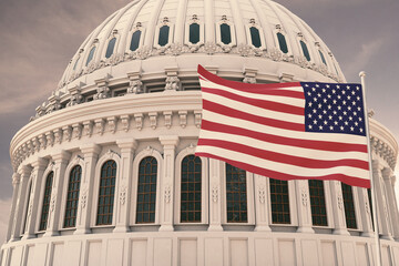 Beautiful flag of the United States of America waving with the strong wind and behind it the dome of the Capitol  USA 3D RENDER, 3D RENDERING.