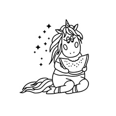 Black and white outline image of a funny cartoon unicorn with a watermelon. Isolated on a white background. Fantastic animal. For textiles, kids party design, prints, posters, stickers, tattoos.Vector