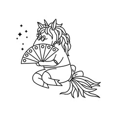 Black and white outline image of a funny cartoon unicorn with a fan. Isolated on a white background. Fantastic animal. For textiles, kids party design, prints, posters, stickers, tattoos, etc. Vector.