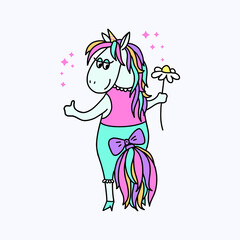 Color image of a funny cartoon unicorn with a flower. Isolated on a white background. Fantastic animal. For textiles, kids party design, prints, posters, stickers, tattoos, etc. Vector