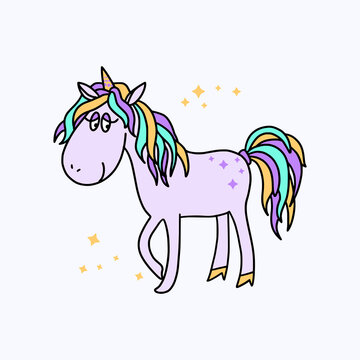Color image of a funny cartoon  unicorn. Isolated on a white background. Fantastic animal. For textiles, kids party design, kids room, prints, posters, stickers, tattoos, etc. Vector.