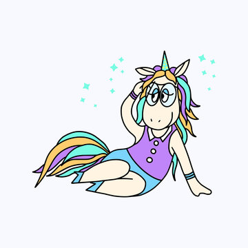 Color image of a funny cartoon  unicorn wearing glasses. Isolated on a white background. Fantastic animal. For textiles, kids party design, prints, posters, stickers, tattoos, etc. Vector.