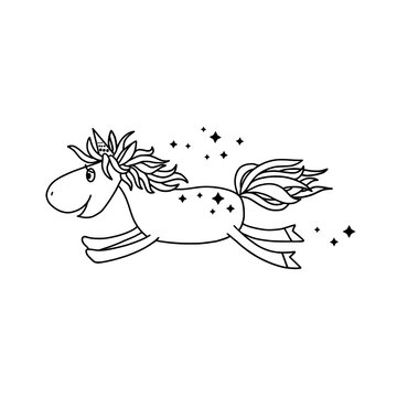 Black and white outline image of a funny cartoon unicorn. Isolated on a white background. Fantastic animal. For textiles, kids party design, kids room, prints, posters, stickers, tattoos, etc. Vector.