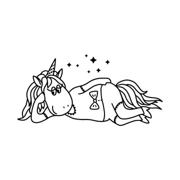 Black and white outline image of a funny cartoon unicorn. Isolated on a white background. Fantastic animal. For textiles, kids party design, kids room, prints, posters, stickers, tattoos, etc. Vector.