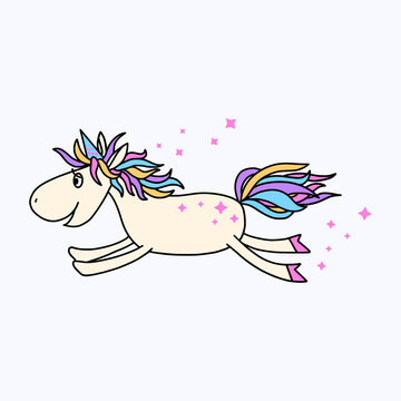 Color image of a funny cartoon  unicorn. Isolated on a white background. Fantastic animal. For textiles, kids party design, kids room, prints, posters, stickers, tattoos, etc. Vector.
