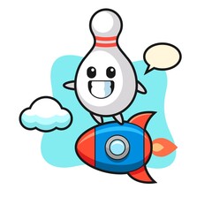 bowling pin mascot character riding a rocket