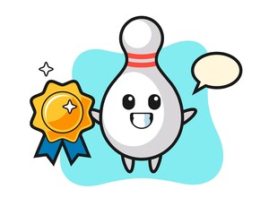 bowling pin mascot illustration holding a golden badge