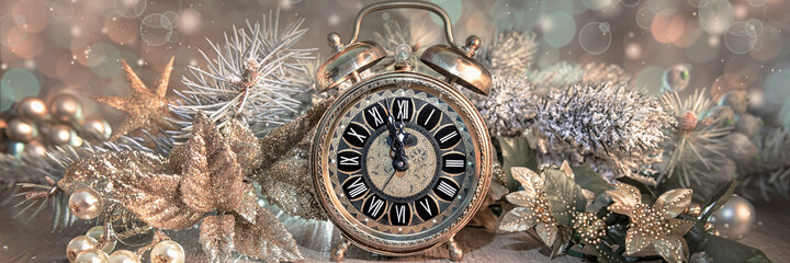 Greeting card "Happy New Year 2016!" with vintage clock showing