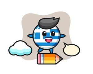 greece flag badge mascot illustration riding on a giant pencil
