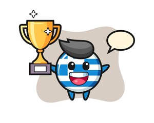 Cartoon Illustration of greece flag badge is happy holding up the golden trophy