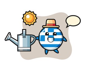 Cartoon character of greece flag badge holding watering can