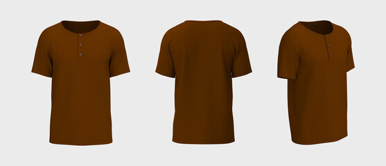 Blank short-sleeve henley t-shirt mockup. Front, back and side views, design presentation for print, 3d illustration, 3d rendering