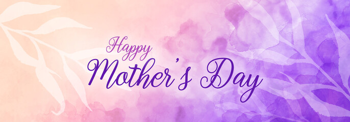Happy Mother's day background in soft floral watercolor design, Mothers day spring colors of purple pink and yellow with leaves, mom's day card