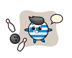 Character cartoon of greece flag badge is playing bowling