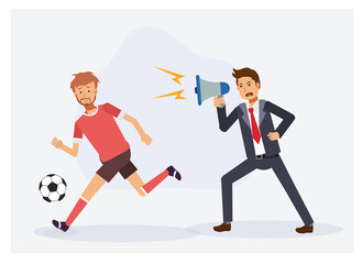 Fototapeta na wymiar Football,soccer manager with megaphone is yelling to unhappy football,soccer player. Bad management concept. flat vector cartoon character illustration