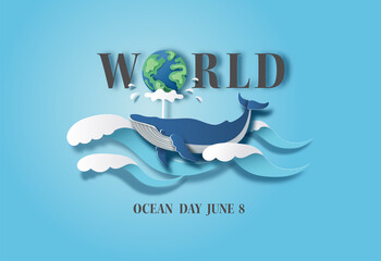 World oceans day concept, the blue whale splashing water. Help to protect animals and the environment, paper illustration, and 3d paper. © Sunset Paper's
