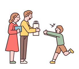 Parents holding presents and children running. Parents and happy children giving gifts to children on Children's Day. flat design style minimal vector illustration.