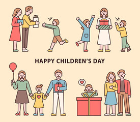 Parents and happy children giving gifts to children on Children's Day. flat design style minimal vector illustration.