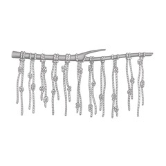 macrame. stick with ropes and knots. black and white illustration . nodular letter kipu