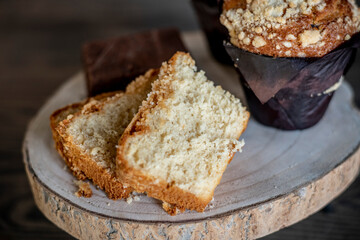 Cinnamon Coffee Cake, Blueberry Muffin and Chocolate Brownie on a plate