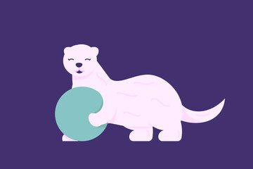 illustration of ferret, mink, ermina in white which is funny, cute, and adorable. playing with the ball. flat style. vector animal design
