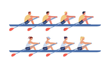The women's and men's rowing teams sail in boats. Concept of competitions in academic rowing. Vector illustration in flat design. - obrazy, fototapety, plakaty