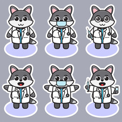 Vector illustration of cute Wolf Doctor cartoon. Cute Wolf expression character design bundle. Good for icon, logo, label, sticker, clipart.