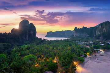 Railay viewpoint at sunset in Krabi, Thailand. - obrazy, fototapety, plakaty