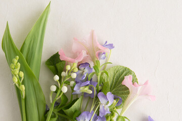 composition of delicate spring flowers, lilies of the valley, violets and petunias on a light...