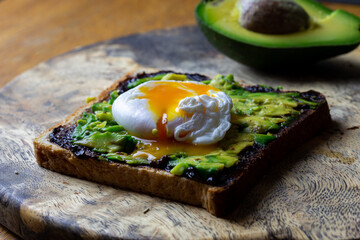 Toast with avocado and poached egg and Vegemite