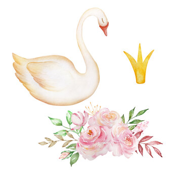 Watercolor gentle swan with a crown and a bouquet