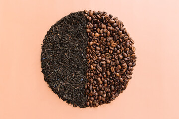 Beige flat lay circle with two halves, roasted coffee beans and dried tea leaves