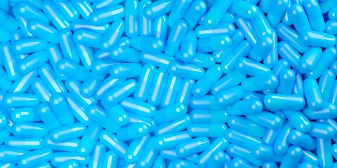 Blue pill capsules heap frame filling background, medical treatment, pharmaceutical or medication concept, flat lay top view from above
